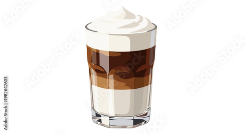 Glass of iced mocha topped with creamy whipped cream, layered coffee drink illustration with rich brown and white tones on a white background