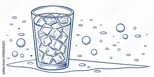 Outline drawing of glass filled with ice cubes and bubbles white background refreshing drink beverage illustration cool drink hand drawn refreshment illustration line art beverage design