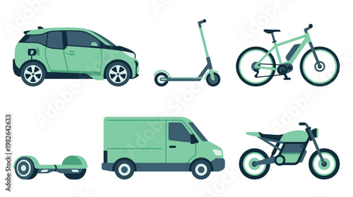 Green vehicles collection featuring car scooter van bicycle motorcycle.