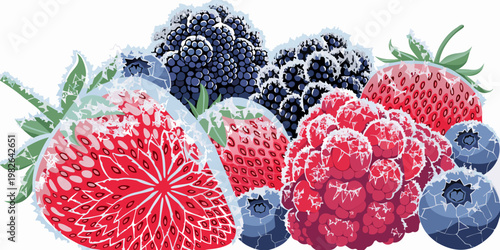 Assortment of frozen berries with frost berry mix frozen food illustration fruit illustration cold food ice covered refreshing strawberry blueberry raspberry blackberry vitamins