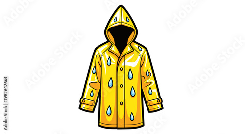 Illustration of a bright yellow raincoat adorned with blue raindrops on a white background, showcasing a vibrant and playful design with a hooded silhouette