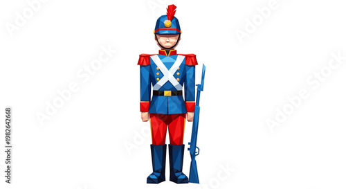 Festive Christmas toy soldier in vibrant blue and red uniform with a rifle, standing tall against a white background, evoking a classic holiday charm