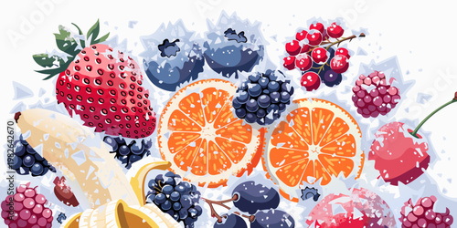 Assortment of fresh frozen berries and fruits with ice crystals orange slices still life white background strawberry blueberry raspberry blackberry refreshing vitamins antioxidants