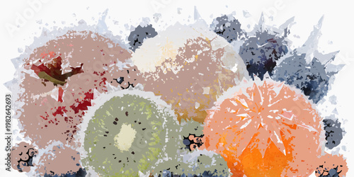 Abstract frozen fruit mix with ice texture white background abstract refreshing vitamins illustration background colorful isolated artistic painterly nutrition superfood