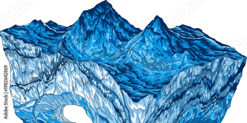 Stylized abstract landscape of blue ice mountains and glaciers with abstract art white background mountains landscape abstract illustration formation environment sculptural geometric