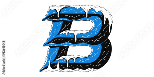 Playful cartoon style uppercase letter b with a thick snow cap and dripping icicles showcasing a cool blue and black frost effect letter b single object white background winter theme