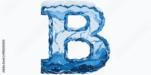 Fractured ice uppercase letter b with a geometric broken pattern and scattered snow texture creating an abstract and cold winter typography effect letter b single object white background