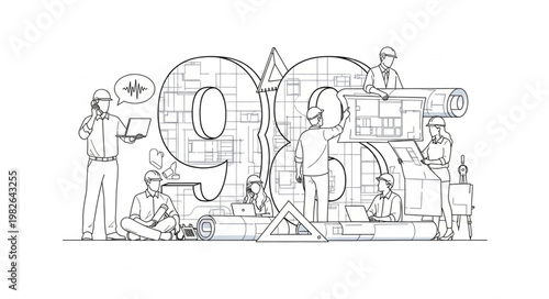 Vintage 90th Anniversary Celebration Illustration with People and Industry Elements.