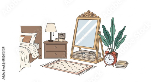 Vintage Bedroom Furniture and Decor Illustration.