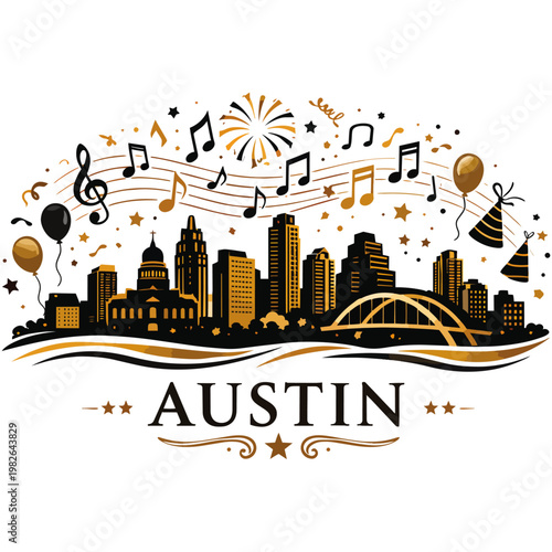 Austin Skyline Celebration Vector Illustration with Music Notes and Balloons