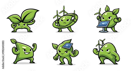 Green energy characters with leaf and renewable elements