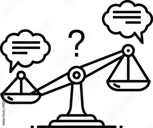 A black and white line art illustration representing the concept of legal debate or judgment