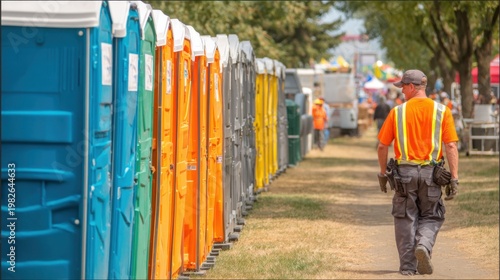 Portable Toilets Lined Up at Outdoor Festival