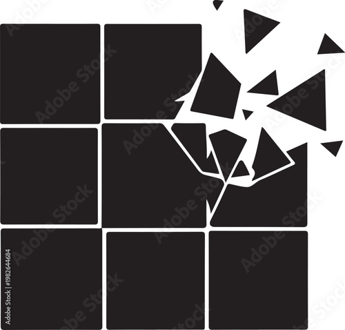 Shattered black tiles, broken ceramic pieces, cracked mosaic, destruction pattern, geometric shapes
