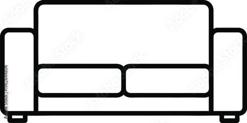 A simple black and white line art vector icon depicting a comfortable two seater living room sofa