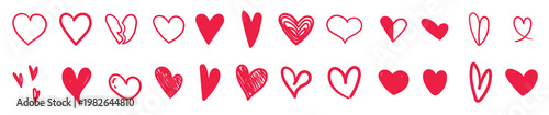 Set of red hearts hand drawn style, love icon, romance
