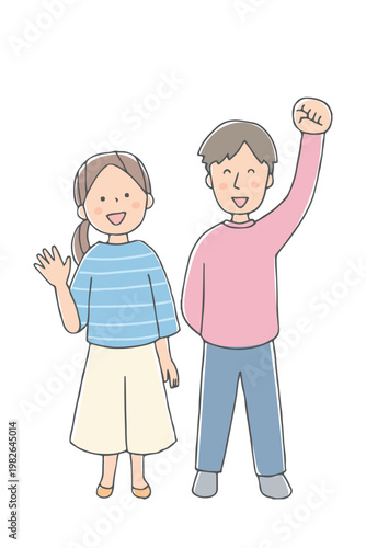 笑顔で手を振る若い夫婦