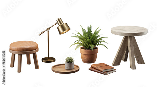 Obraz na płótnie Elegant home office decor collection, including a stylish leather ottoman and a modern desk lamp