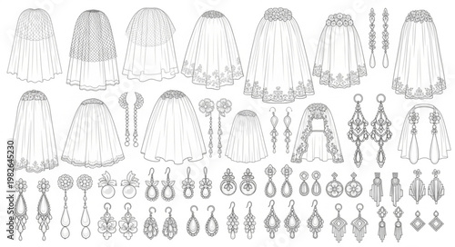 Vintage Bridal Veils and Accessories Line Art Collection.