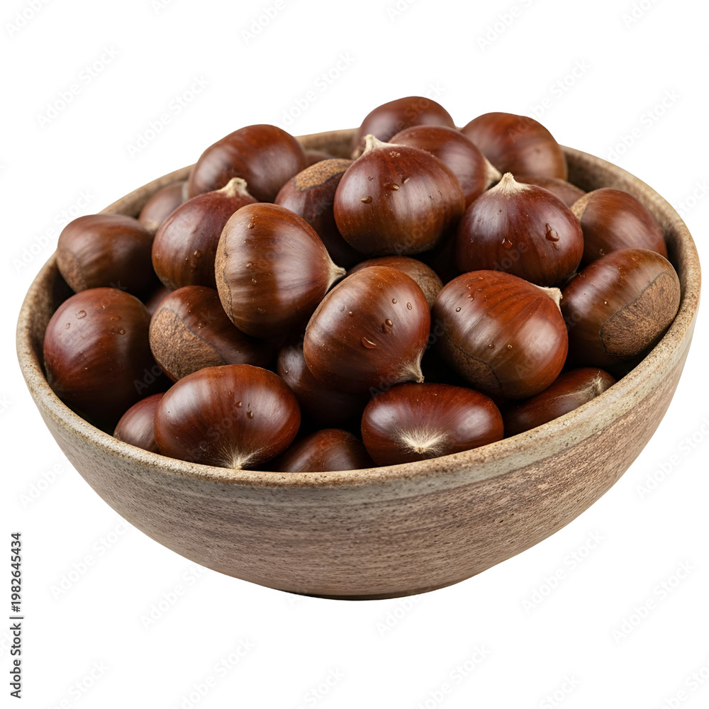 Fototapeta premium Bowl of ripe brown chestnuts with textured surface on white isolated on a transparent background food