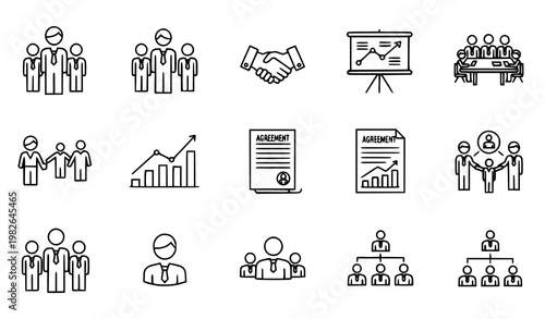 Monochrome Corporate Stakeholder Line Icon Set Showing Business Collaboration and Communication Elements