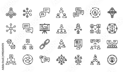 Modern Monochrome Stakeholder Management Line Icons with Network and Communication Concept Design