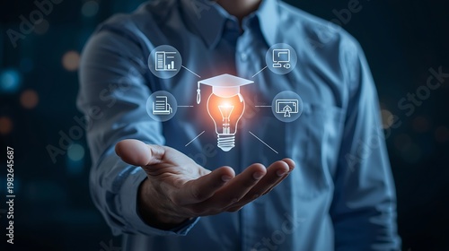 Innovative Education Concept: Graduation Cap Lightbulb Idea Symbolizing Knowledge Growth.