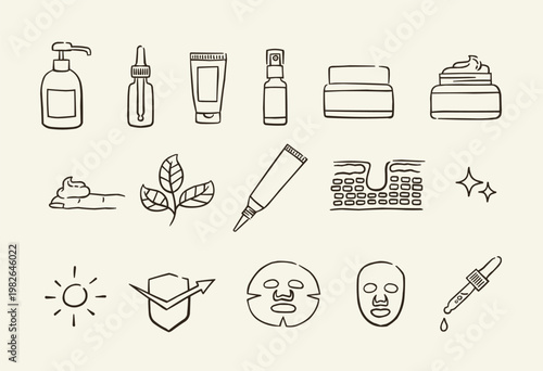 Skin care icon set. Out line icon of moisture, cooling, shielding evaporation, elasticity, hydration, absorption, repair, and protection indicates . Hand Drawn Vector illustration.
