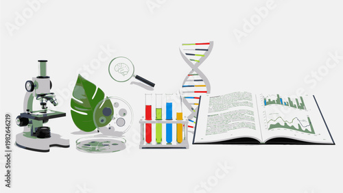Flat lay of scientific equipment and educational materials including a microscope, leaf, test tubes, DNA model, and open textbook on a white surface.