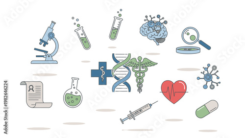 Flat lay illustration of various medical and science icons including a microscope, test tubes, brain, and heart on a white background with a mix of blue, green, and red colors.
