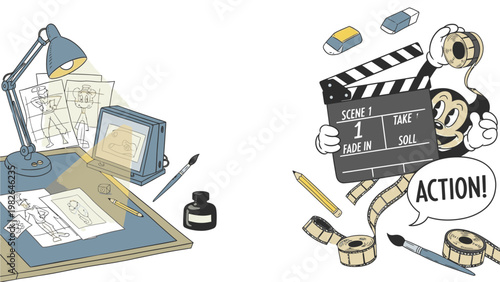 Cartoon illustration of a film director's workspace with a clapperboard and a bee character saying 'ACTION!' surrounded by filmmaking tools and a desk with a lamp, papers, and a computer