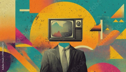 Retro television head on suited figure amidst abstract geometric shapes and vibrant colors
