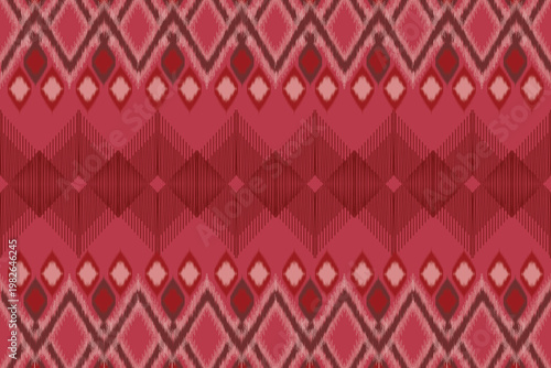Red and Pink Geometric Ikat Seamless Border Pattern with Chevron and Diamond Motifs. 