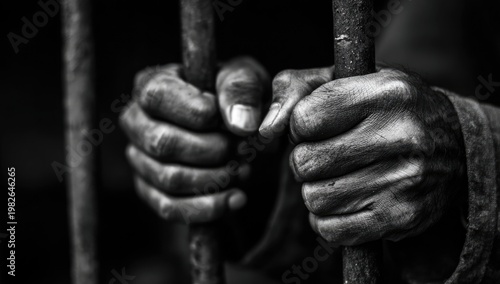 Grasping prison bars, hands show struggle and confinement in monochrome