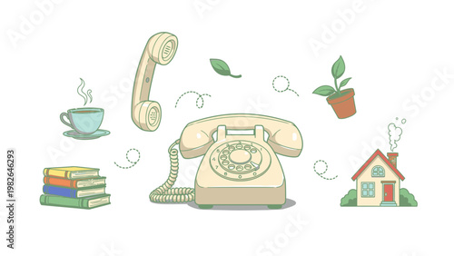 Flat design illustration of a vintage rotary phone surrounded by a stack of books, a steaming cup of coffee, a potted plant, and a house with a natural and calming mood.