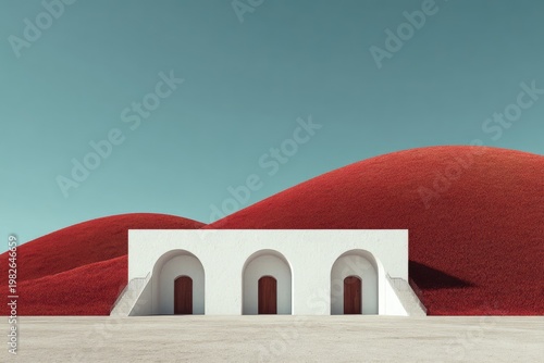 Minimalist white structure with arched doorways set against rolling red hills