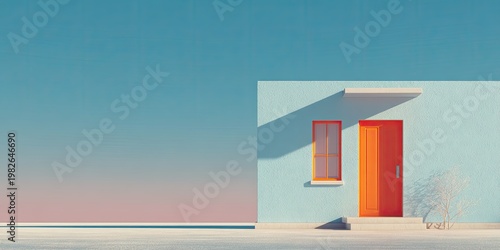 A minimalist architectural rendering showcases a vibrant blue wall with a contrasting orange door and window, bathed in soft, diffused light against a gradient sky.