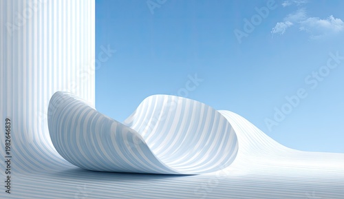A flowing, striped architectural form curves gracefully against a serene blue backdrop with subtle cloud details.