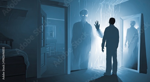 Ethereal beings emerge from doorways, confronting a solitary figure in a dimly lit room