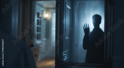 Silhouette in foggy mirror with hand touching glass