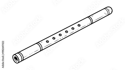 Minimalist black line vector icon of a traditional bamboo flute on a white background, hand-drawn woodwind musical instrument illustration for design, music education, and cultural themes.