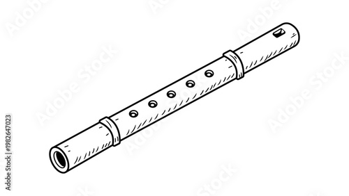 Minimalist black line vector icon of a traditional bamboo flute on a white background. Hand-drawn illustration of a woodwind musical instrument, ideal for music, culture, and artistic designs.