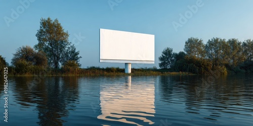 A large, blank billboard stands prominently in the middle of a calm lake, surrounded by lush greenery under a clear blue sky, creating a surreal and thought-provoking scene.