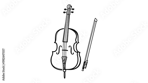 Minimalist hand-drawn black line vector icon of a cello with a bow on a white background, perfect for classical music, orchestra, and musical instrument themed designs and illustrations.