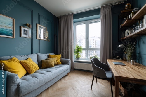 A stylish and modern living room features a comfortable gray sofa, a wooden desk, and large windows offering a view of the city skyline.
