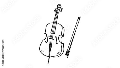Minimalist hand-drawn black line vector icon of a cello with its bow, isolated on a white background. A clean, scalable illustration perfect for classical music, orchestra, and artistic design.