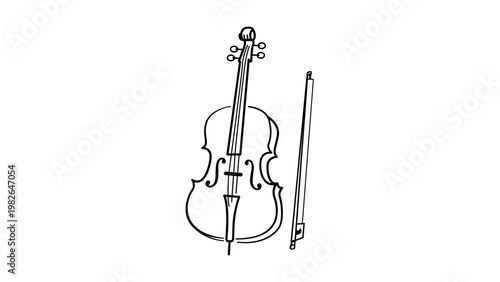 Minimalist black line vector icon of a cello with its bow, hand-drawn on a white background. This elegant musical instrument illustration is perfect for classical music, orchestra, and art themes.