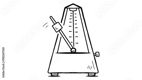 Hand-drawn minimalist black line vector icon of a classic mechanical metronome with a swinging pendulum, ideal for music education, rhythm practice, and artistic design on a white background.