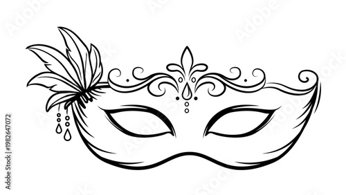 Venetian Masquerade Mask Vector Icon. Minimalist black line illustration of an ornate carnival mask with feathers and decorative swirls. Hand-drawn outline design isolated on white background.