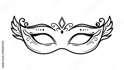 Ornate Venetian Masquerade Mask Minimalist Black Line Vector Icon on White Background, Elegant Hand-Drawn Illustration for Carnival, Party, Mystery, Festive Events, Scalable SVG Graphic Element